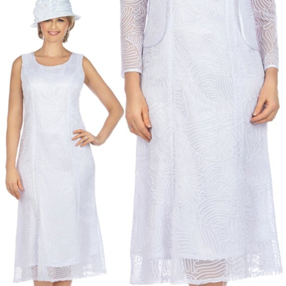 Giovanna Dresses & Skirts - Giovanna White Lace Cut Out 2 piece Applique midi Dress/jacket NEW Suit sz 10